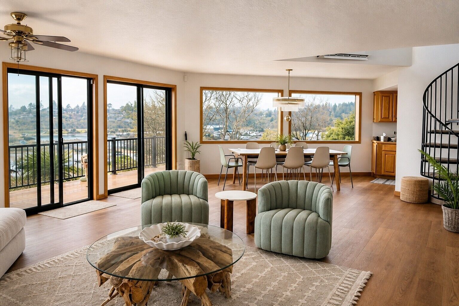 A spacious living area with a balcony, a dining set, and a kitchen area.
