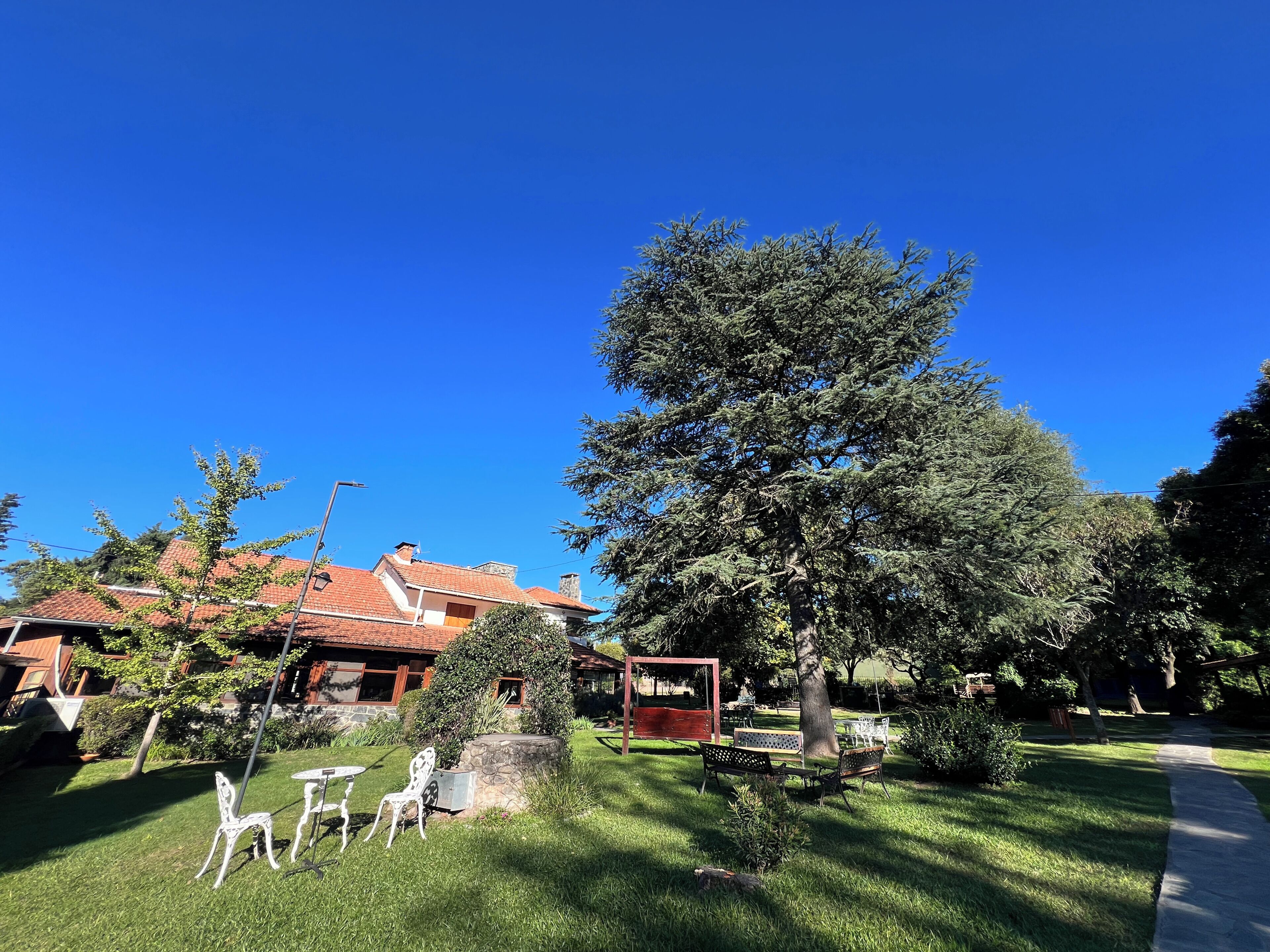 Zona residencial con un gran árbol, un muro de piedra y un pequeño patio con sillas y una mesa.