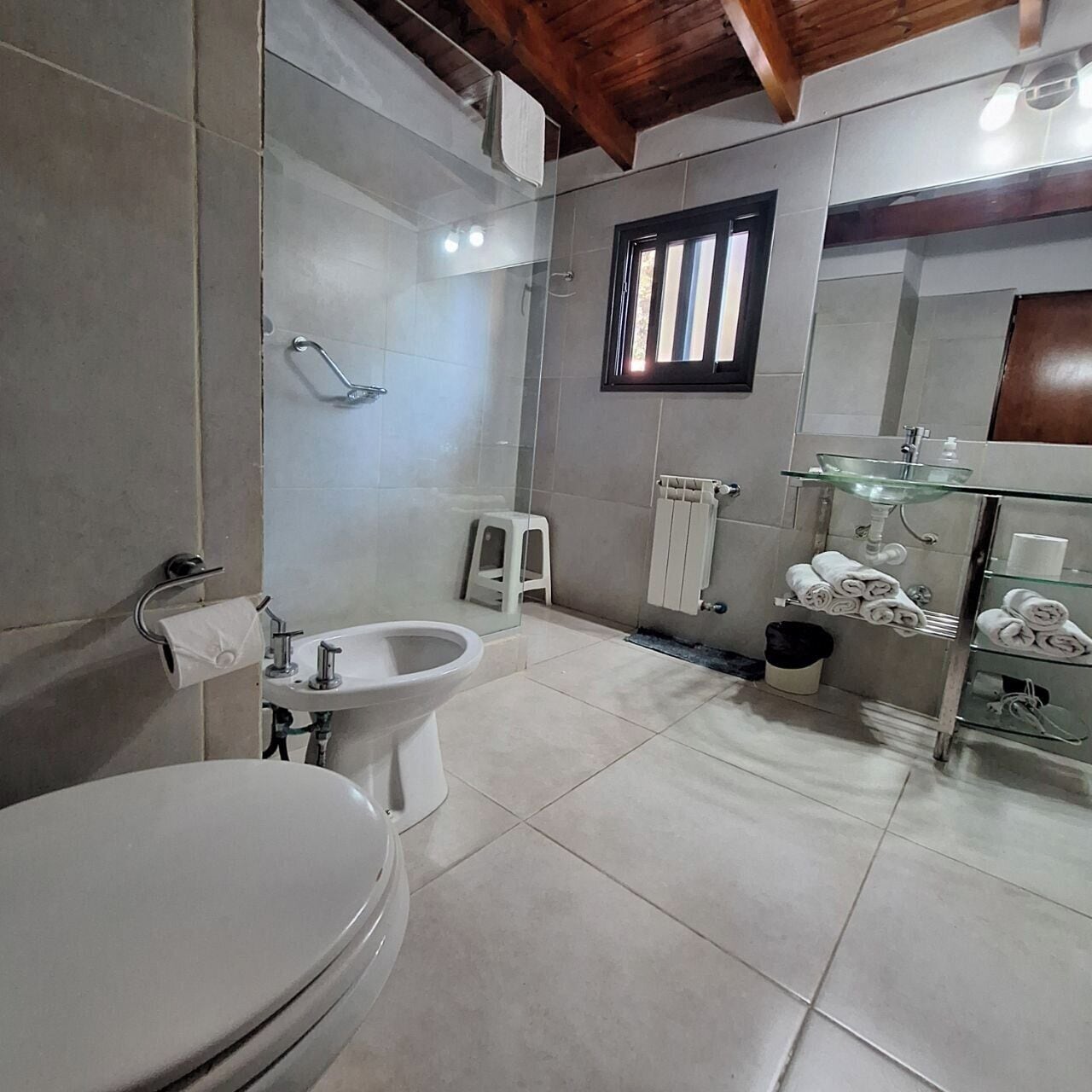 A bathroom with a toilet, bidet, glass shower enclosure, and a glass sink with towel racks.