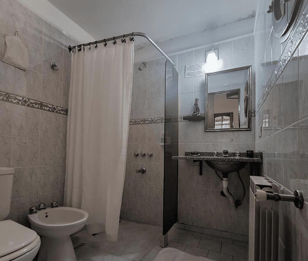 A bathroom with a shower, toilet, sink, and a mirror.
