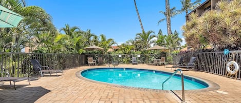 Une piscine entourée de palmiers et de chaises longues, avec une terrasse en briques.