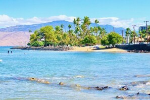 A beach with palm trees, clear blue water, and mountains in the background. - Maui Vista 3121 - Upgraded 1 BR/1 BA near Beach (Kihei)