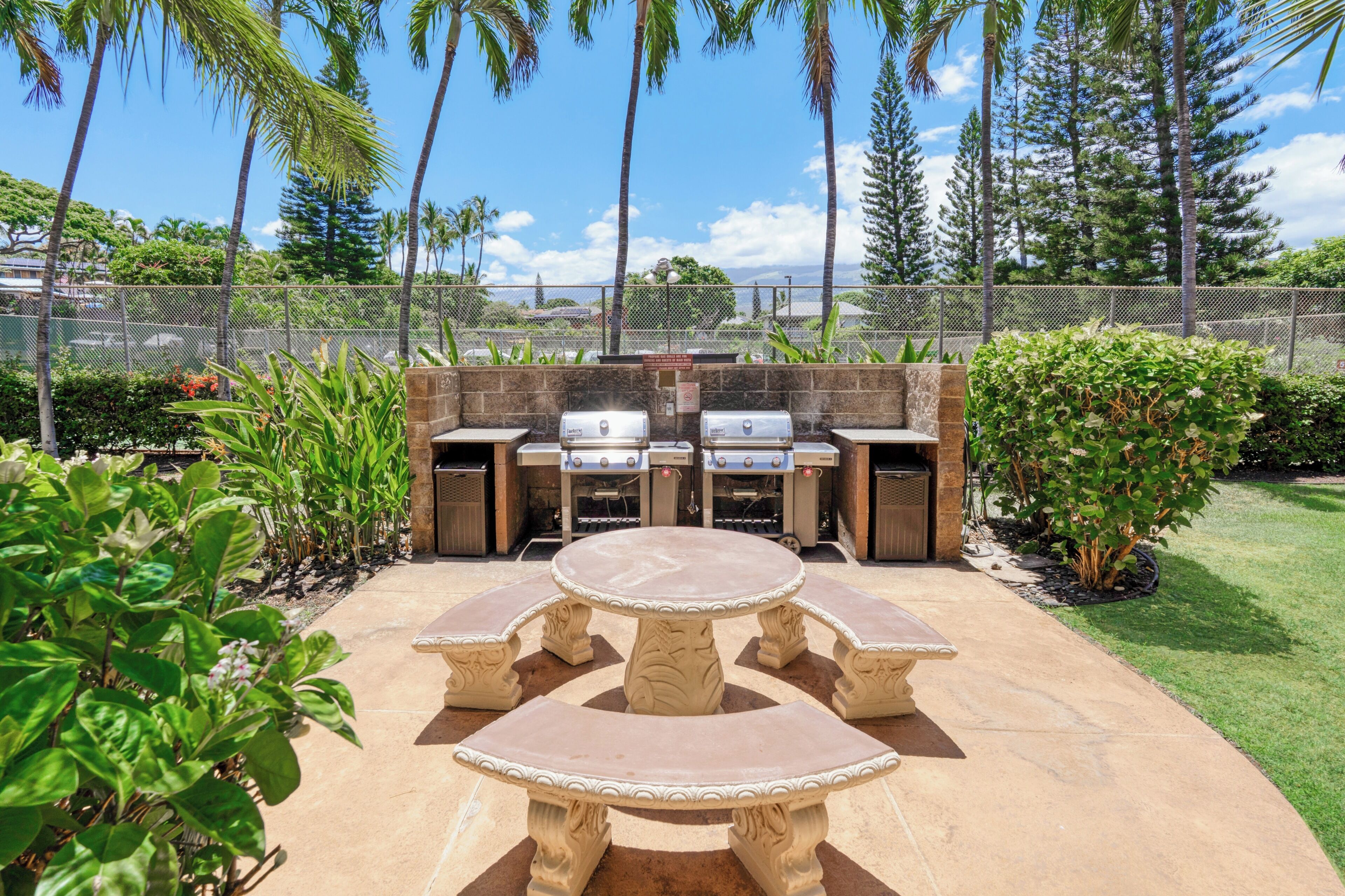 Eine Terrassenausstattung im Freien mit einem Steintisch und Bänken, umgeben von einem Grillbereich aus Stein und üppiger Bepflanzung.