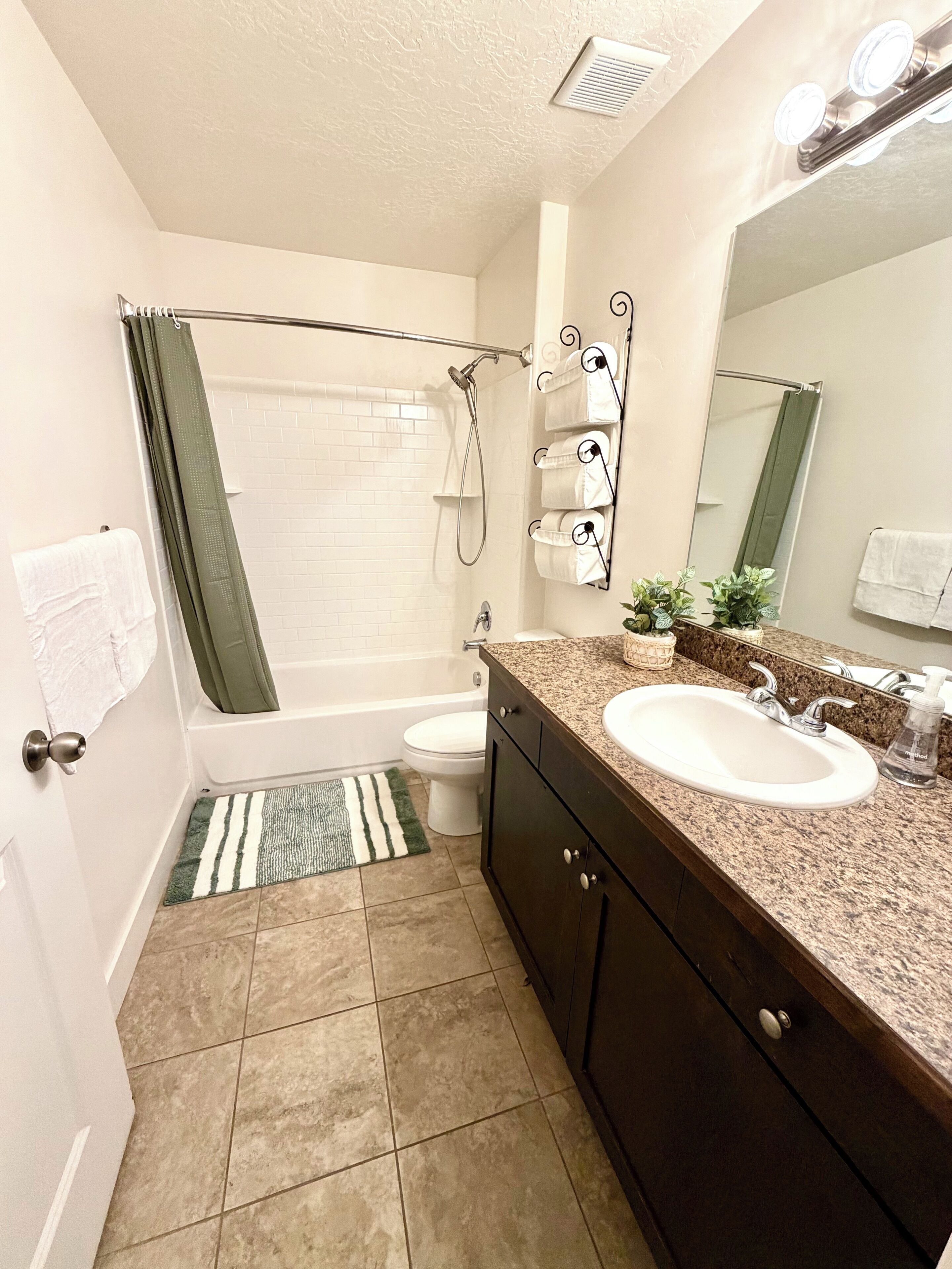 Hair dryer, towels, soap, toilet paper