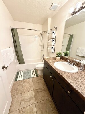 Hair dryer, towels, soap, toilet paper