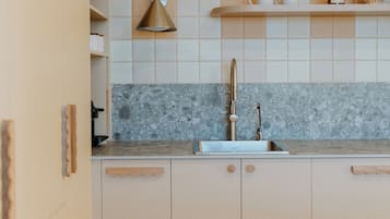 Studio, 1 kingsize-seng, tekjøkken, utsikt mot høyde | Eget kjøkken | Kjøleskap, mikrobølgeovn, ovn og kokeplater