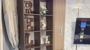 Un salon avec une bibliothèque en bois, une plante en pot et un téléviseur à écran plat affichant l’interface de Netflix.