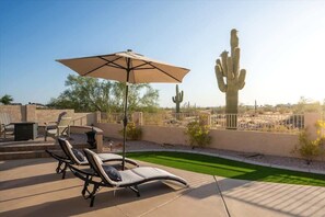 Une terrasse avec des fauteuils de jardin, une table et un parasol. On aperçoit un cactus au fond.
