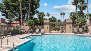 A swimming pool with lounge chairs and palm trees. - Exclusive 3BR Retreat, Pool & Spa Access (Scottsdale)