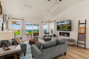 Télévision, cheminée, espaces bureaux