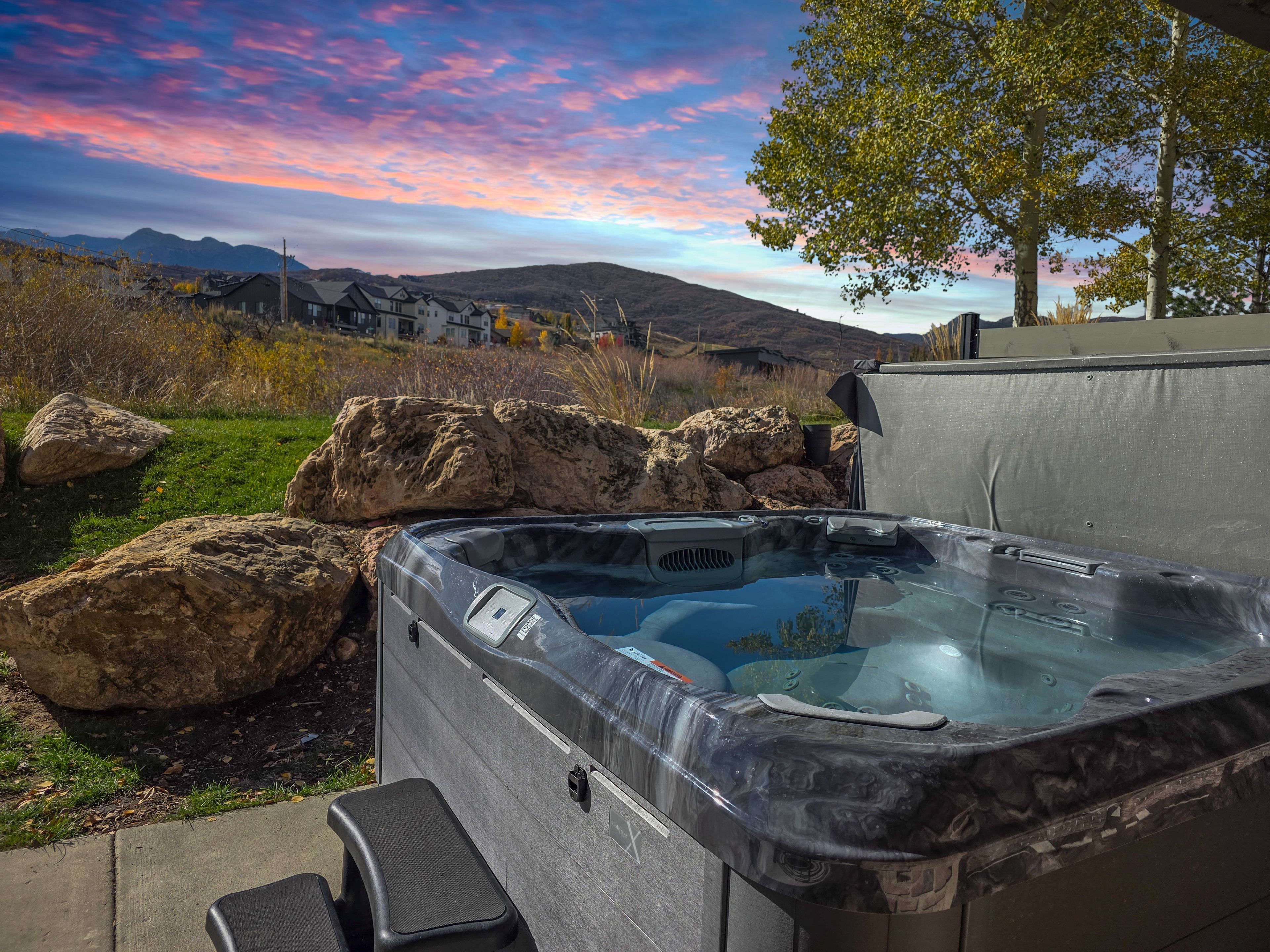 Un bain à remous dans un jardin, avec une vue panoramique sur les montagnes et un arbre.