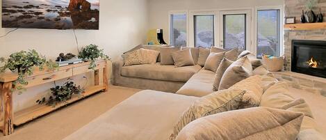 Smart TV, fireplace, books