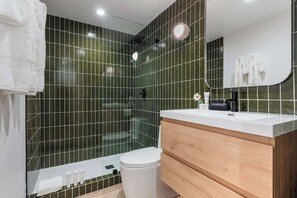 Shower, hair dryer, shampoo