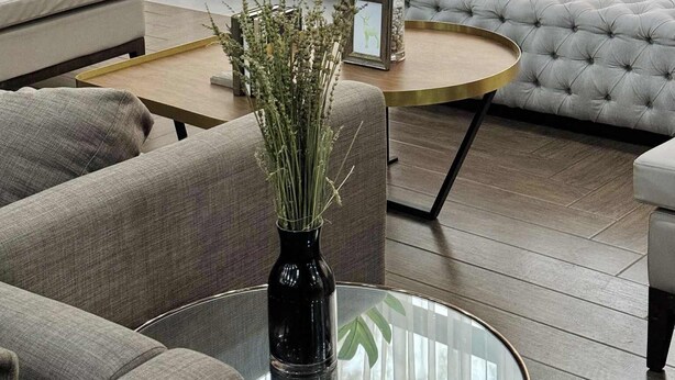 A modern living room with a grey sofa, a round glass coffee table, and a plant. - Brenthill Baguio (Baguio)