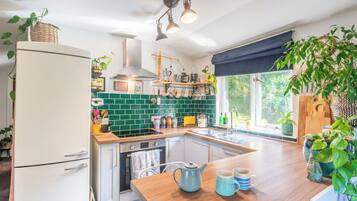 Fridge, microwave, oven, cookware/dishes/utensils