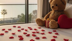 Ein Teddybär auf einem Bett mit Rosenblättern und einem Herz, nahe einem Fenster mit Blick.