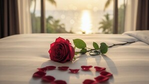 Ein Bett mit einer einzelnen roten Rose und verstreuten Rosenblüten, ein Fenster mit Blick auf Palmen und die Sonne.