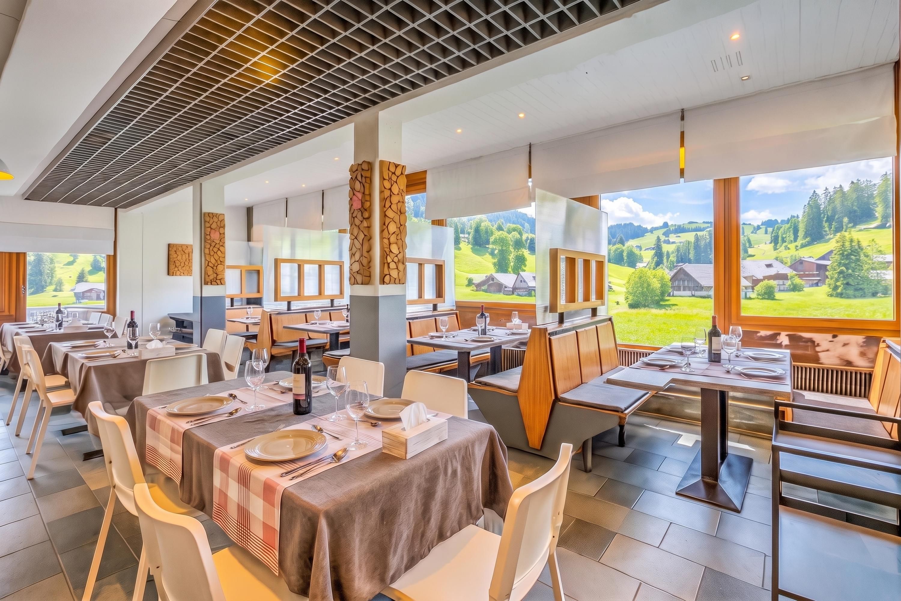 Ein Restaurant mit mehreren Tischen, Stühlen und Blick auf eine grüne Landschaft durch große Fenster.
