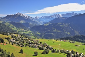 A mountainous landscape with a village nestled in a valley. - Hotel Relais Alpin Twin Room & Balcony3, Les Mosses, Switzerland (Les Mosses)