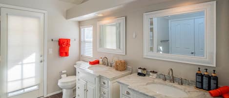 Hair dryer, towels, soap, toilet paper