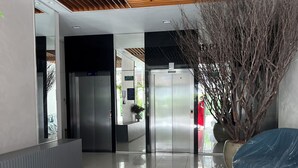 Un hall d’entrée moderne avec un plafond en bois, un comptoir d’accueil, un ascenseur en verre et une plante en pot.