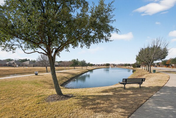 Um parque com um lago curvo, um banco e uma trilha.
