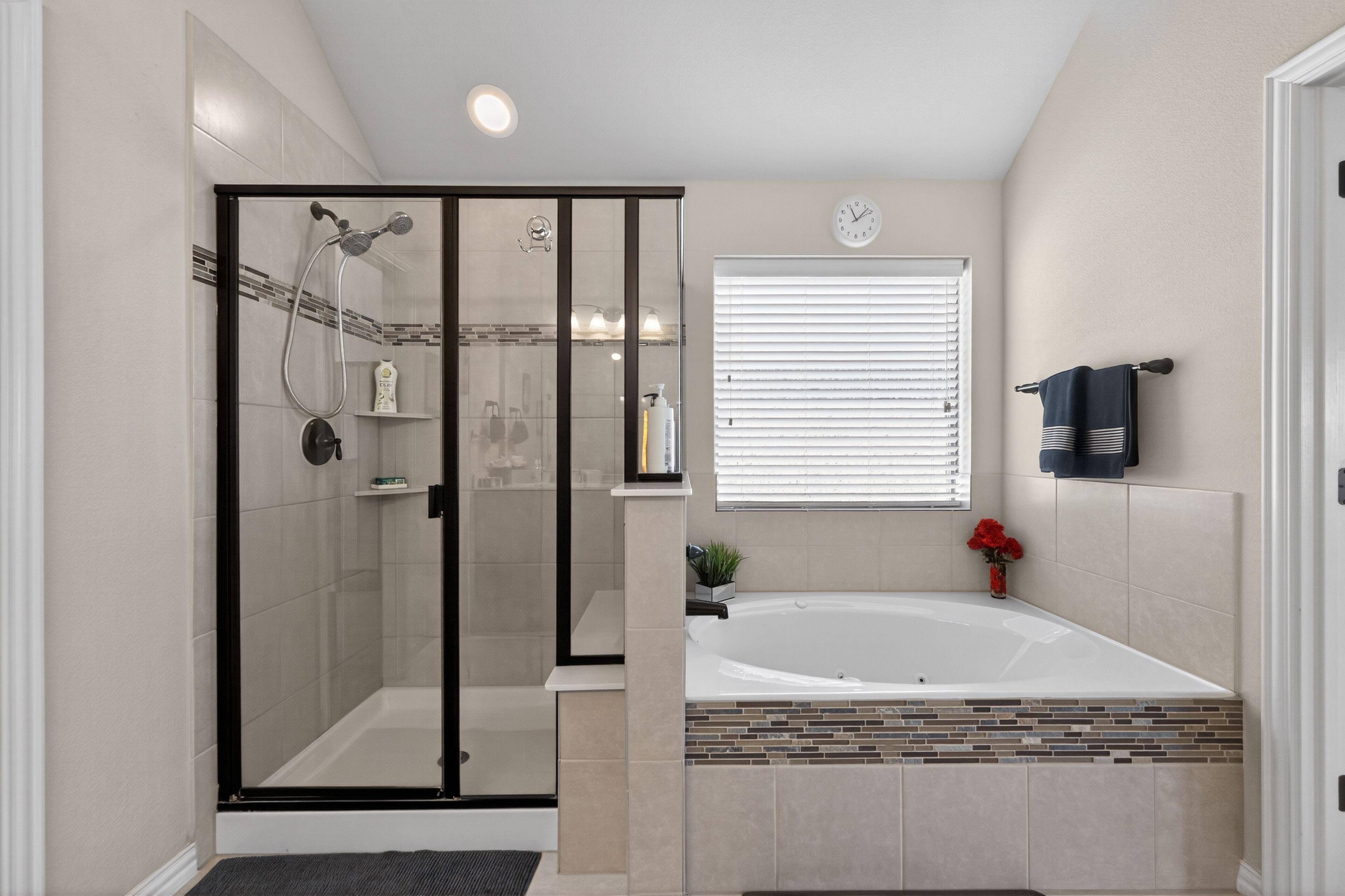 Hair dryer, towels, soap, shampoo