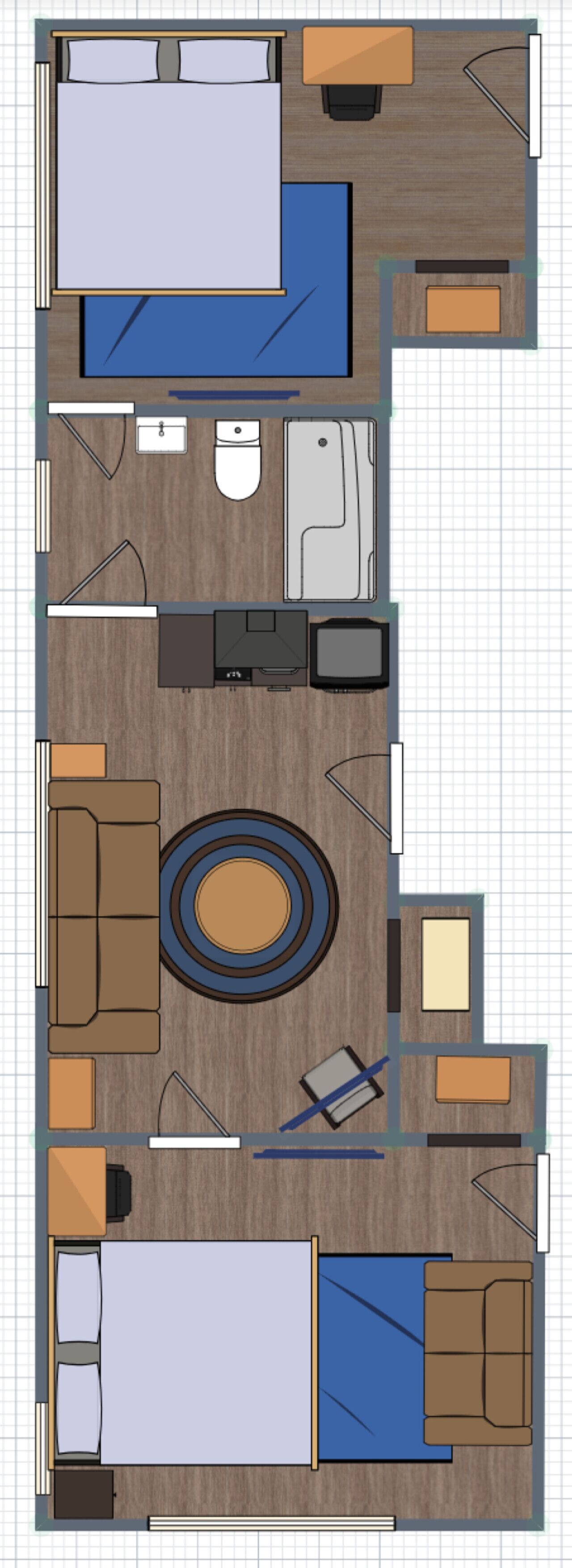 Distribución de una habitación de hotel con cama, zona de estar, kitchenette y baño.