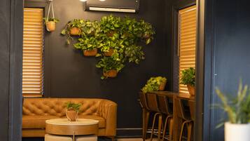 A cozy room with a sofa, a round table, and chairs. There are potted plants on the wall and a hanging plant.