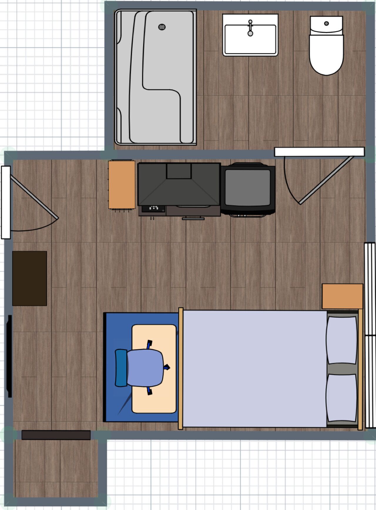 Distribución de un apartamento de dos habitaciones con kitchenette, un baño, sala de estar y comedor.