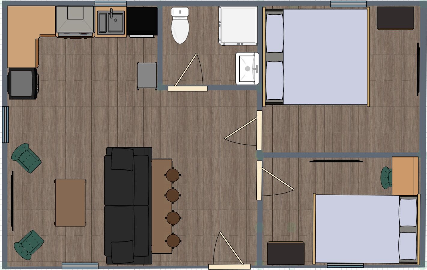 A hotel room layout with a bed, a desk, a chair, a sofa, a small table, and a TV.