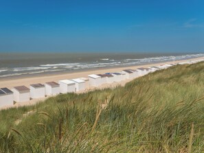 A beach with white beach huts and a grassy foreground. - Tureluur II with terrace by Interhome (Bredene)