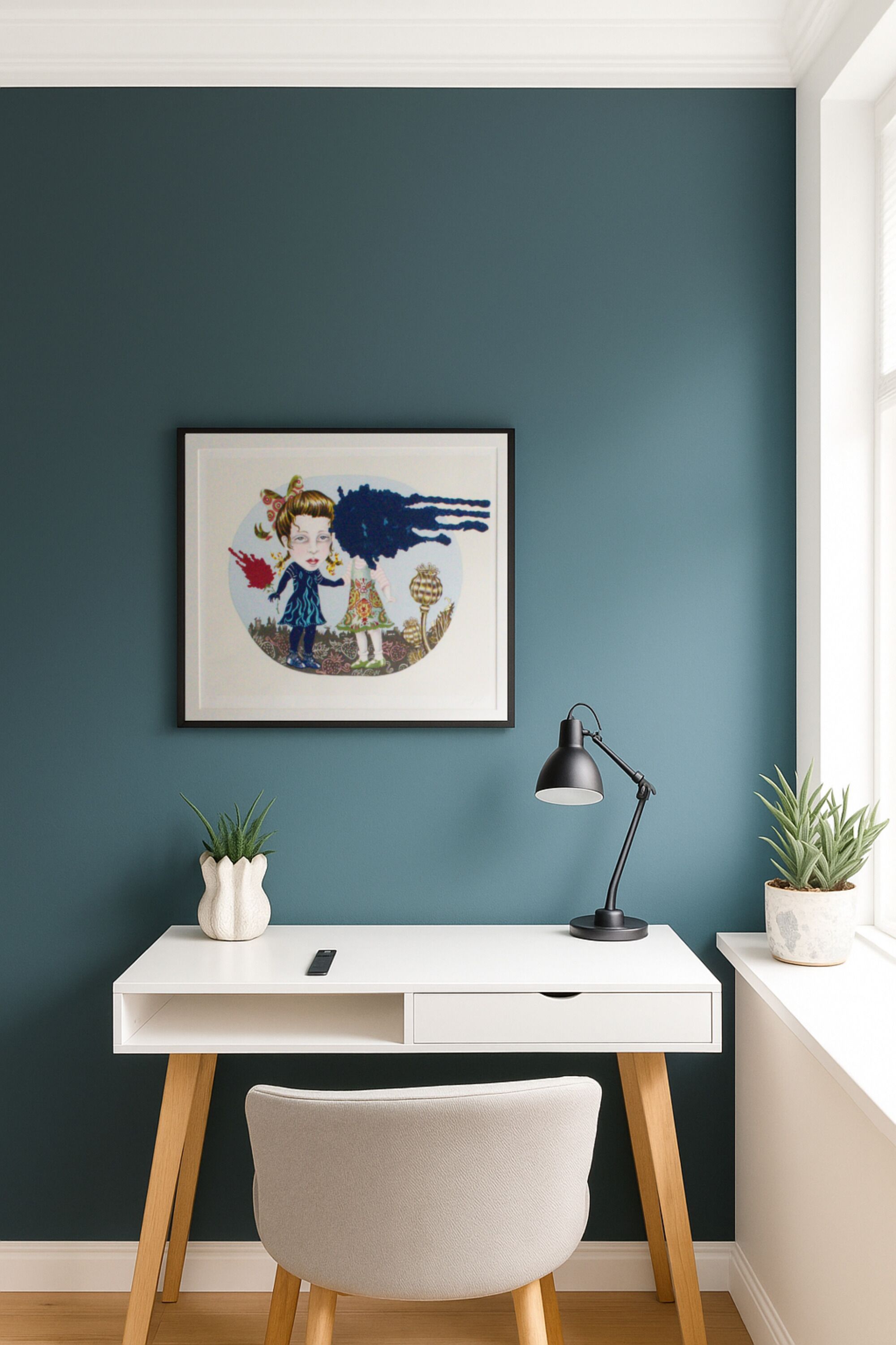 A modern room with a teal wall, a framed artwork, a desk with a lamp, and two potted plants.