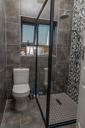 Une salle de bain avec des toilettes, une douche avec un mur décoré d’un motif, et une fenêtre située au-dessus des toilettes.