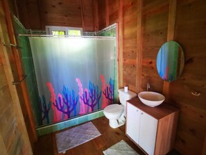 Een houten cabin met een badkamer, voorzien van een glazen douchecabine, toilet, wastafel en spiegel.