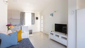 Une chambre moderne et bien éclairée, équipée d’un lit, d’une télévision, d’une petite kitchenette et d’une salle de bain.