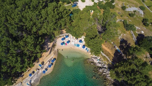 Vue aérienne d’une plage aux eaux turquoise et limpides, bordée d’une forêt verdoyante et luxuriante. Plusieurs rangées de parasols et de chaises longues sont disposées le long du rivage.