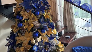 A Christmas tree decorated with blue and gold ornaments and tinsel. - 3-bedroom villa in tranquil Cap Cana Punta Cana with AC (Cap cana punta cana)