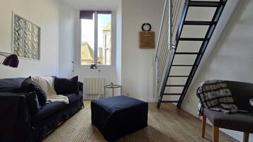 Smart TV, fireplace, books, stereo