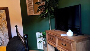 A bedroom with a bed, a wooden dresser, a television, a plant, and a window with shutters. - La Maison des Oiseaux - A room in the heart of the Loire castles. (Crouzilles)
