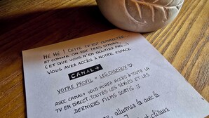 A wooden table with a bird-shaped object and a piece of paper with text in French. - La Maison des Oiseaux - A room in the heart of the Loire castles. (Crouzilles)