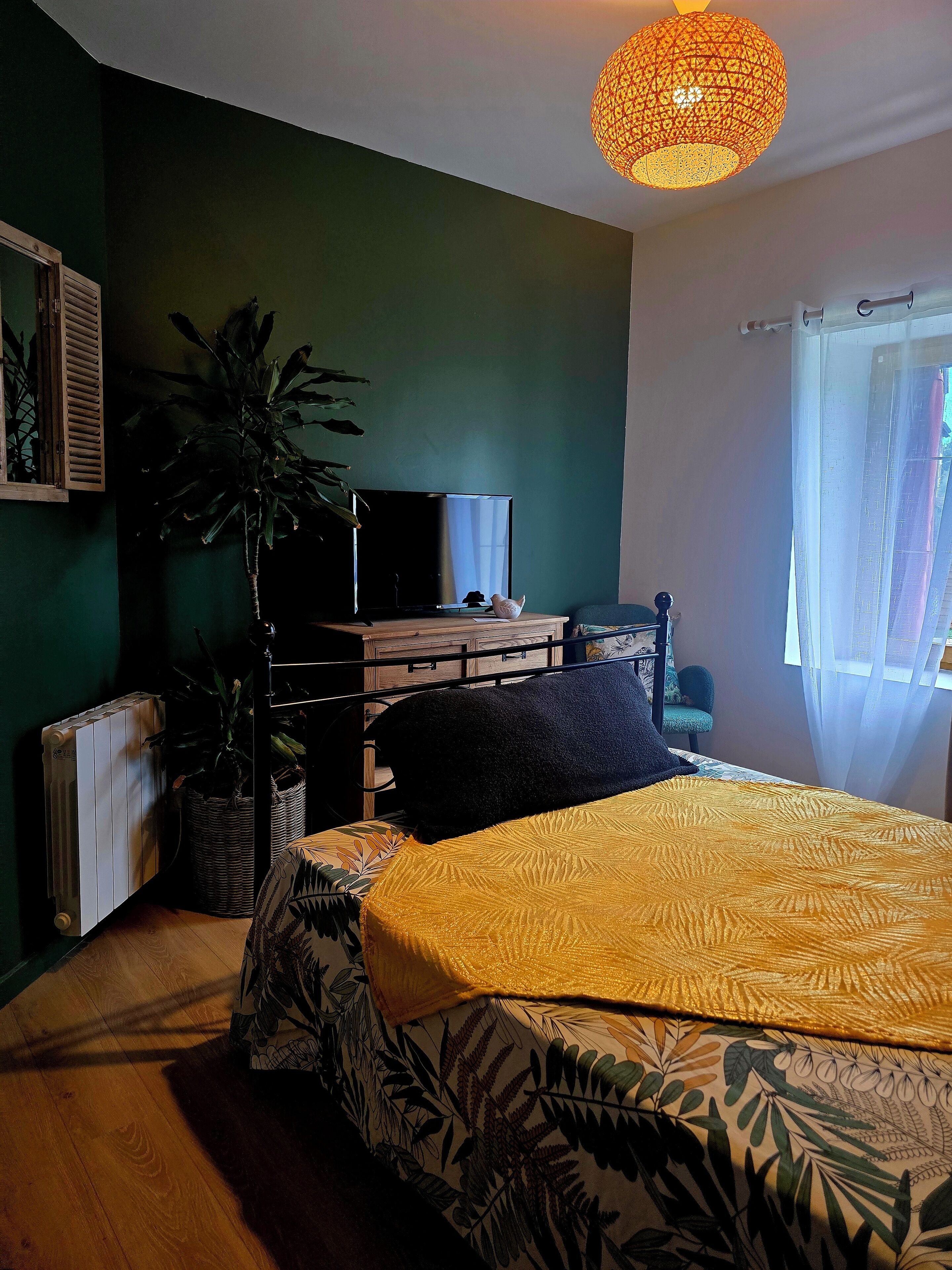 A bedroom with a bed, a radiator, a television, a potted plant, and a window with curtains.