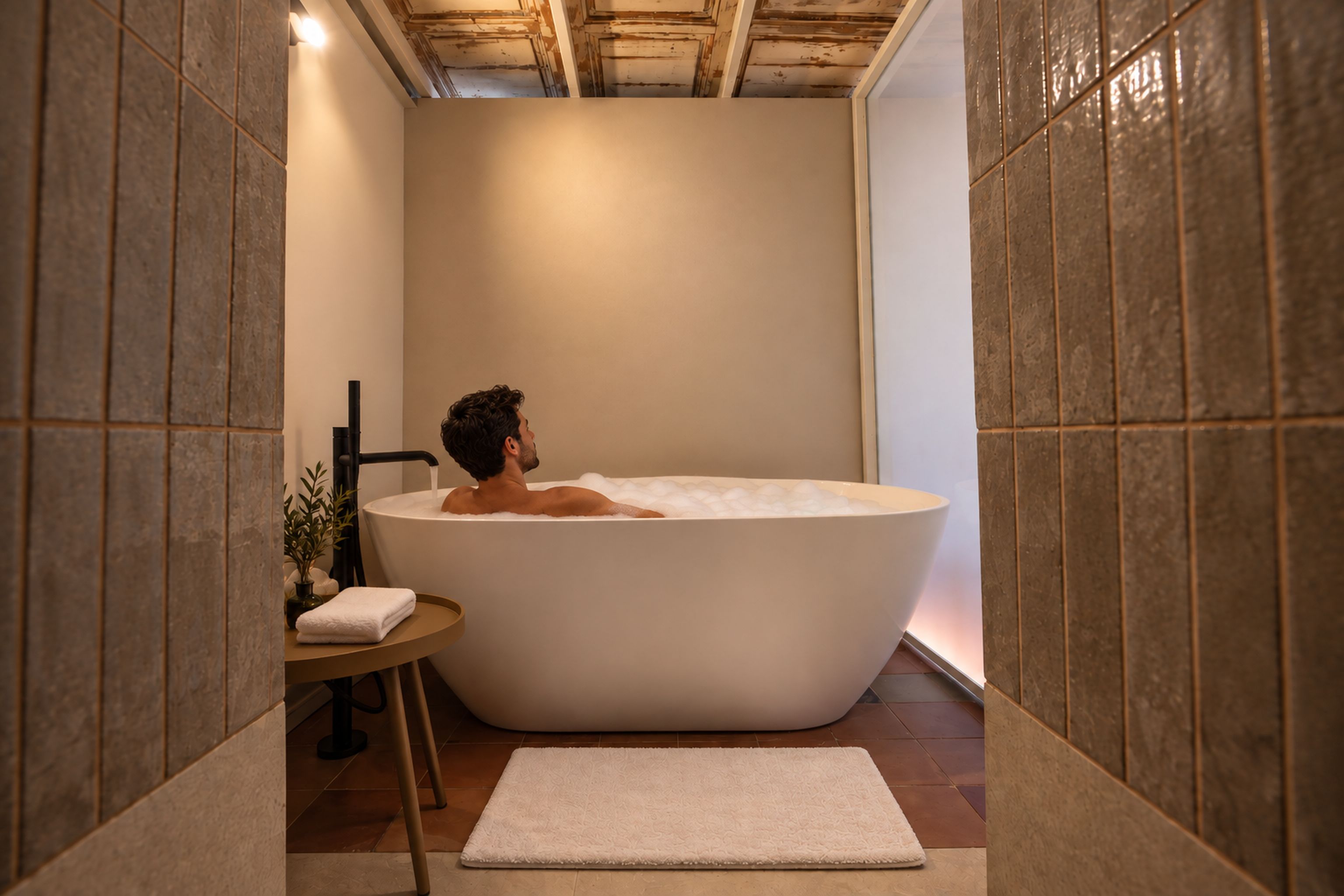 Un homme est dans une baignoire, une serviette est posée sur une petite table à côté.