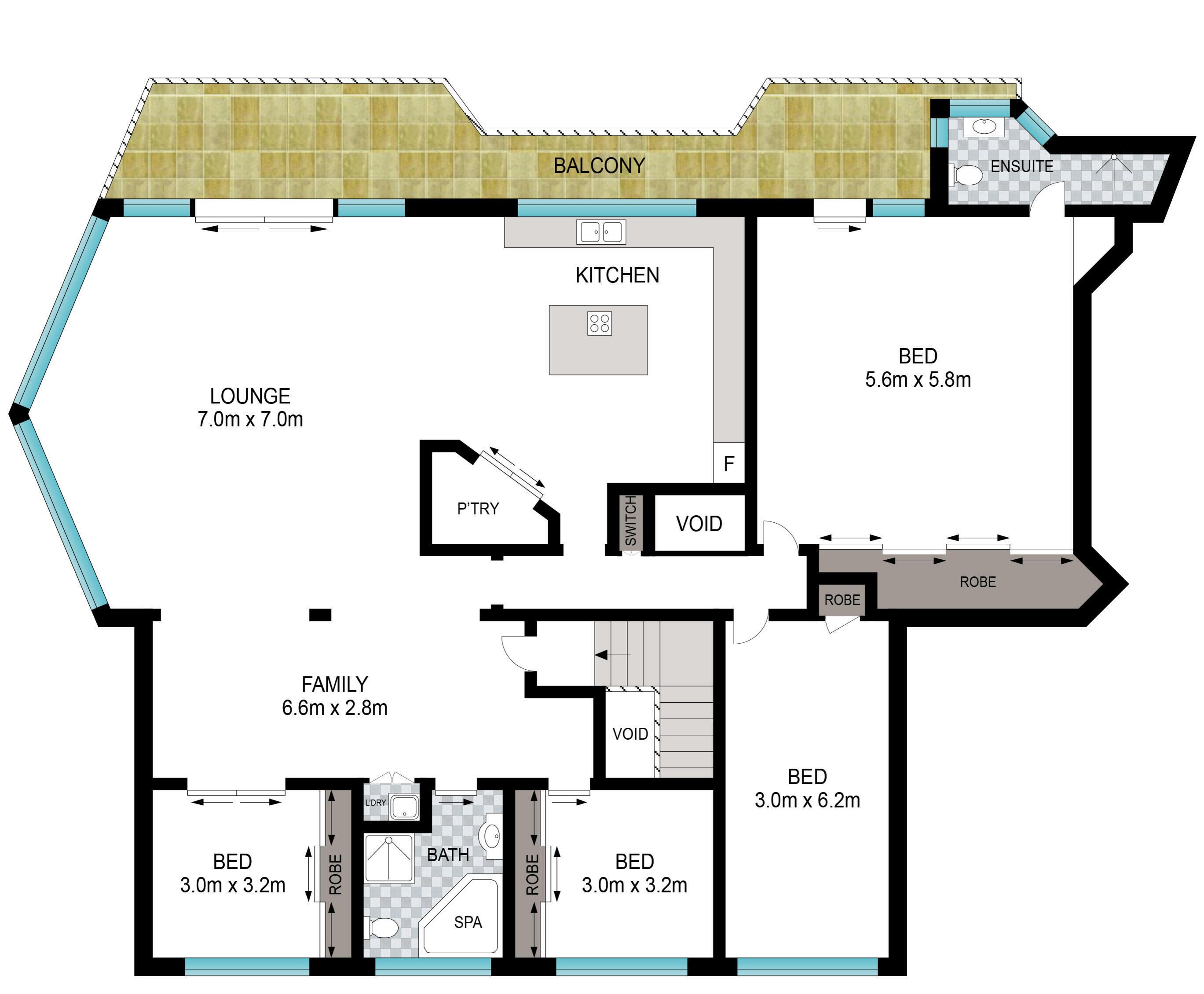 Un plan d’étage d’une maison comprenant un balcon, une cuisine, un salon, une salle familiale et des chambres.