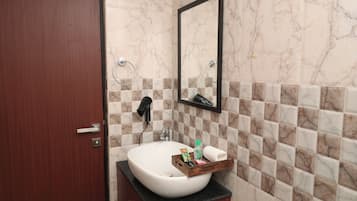 Shower, slippers, towels, soap