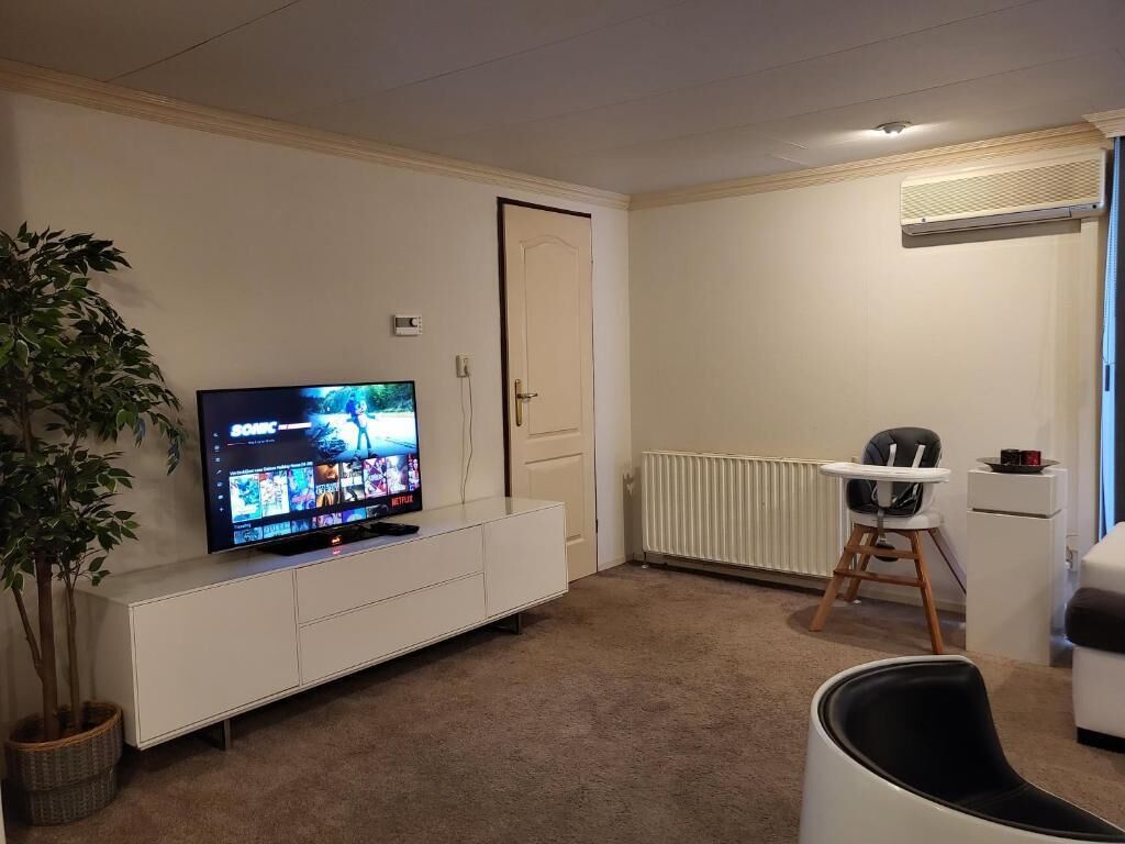 A living room with a flat-screen TV, a white cabinet, a radiator, a high chair, and a potted plant.