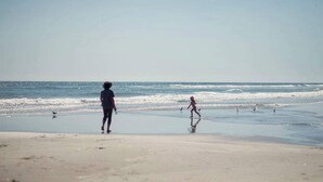 Escena de playa con una persona caminando hacia el agua y un niño jugando.