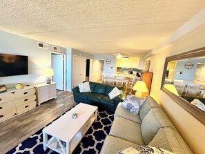Smart TV - Swanky 2 Bedroom Oceanfront Condo with Outdoor Pool, WiFi, and Great Beach View from open balcony. Linen & towels included.Vacation at the Shore with Shoreline Properties (Ocean City)