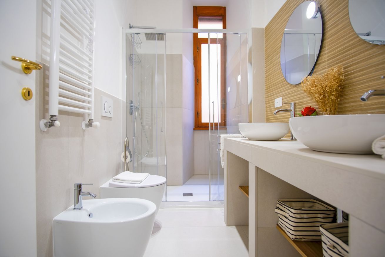 Shower, hair dryer, bidet, towels