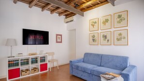 Ett vardagsrum med en blå soffa, en tv-skärm som visar ”NETFLIX”, en bokhylla och inramade botaniska illustrationer på väggen.